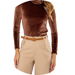 02 blusa feminina manga longa veludo marrom