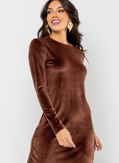 Vestido Feminino Curto Veludo Marrom Amora Café