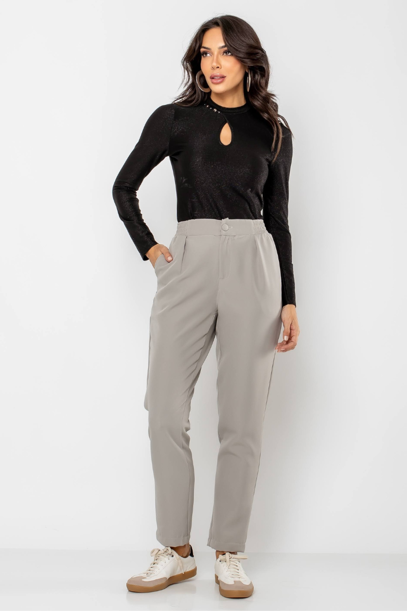 07 calca feminina alfaiataria skinny com elastico cinza