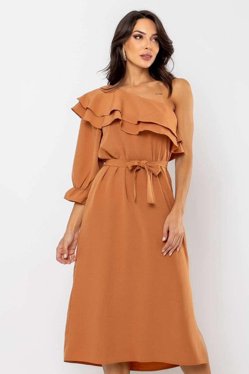 Vestido Feminino Midi com Babados Caramelo