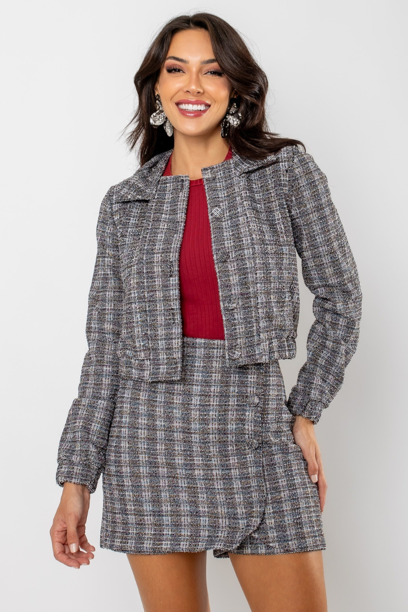 たろー　レディース　BLK M Jaqueta Feminina Tweed - Preta - Amora Café