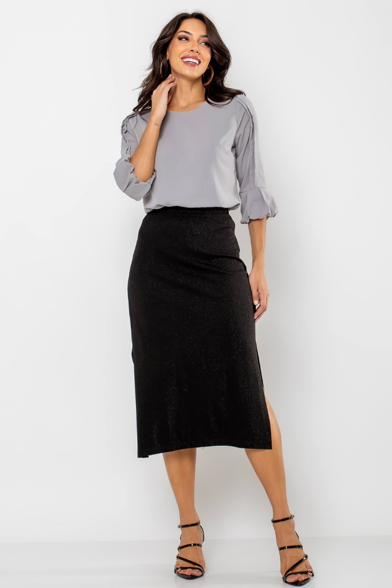 Saia Feminina Midi Brilho Preta