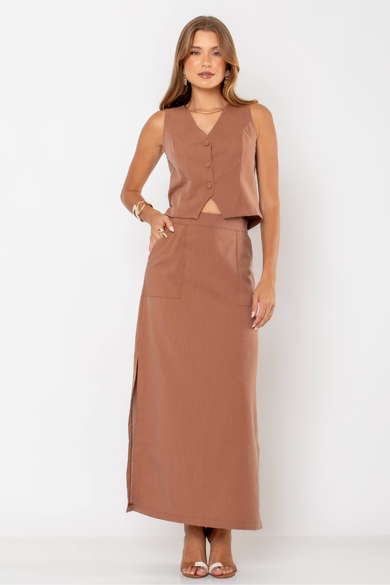 07 saia feminina alfaiataria longa mocha melange