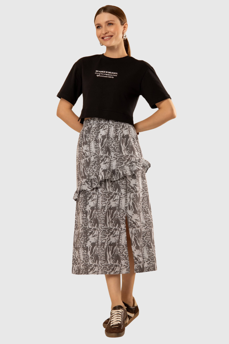 Saia Feminina Estampada Animal Print Cinza