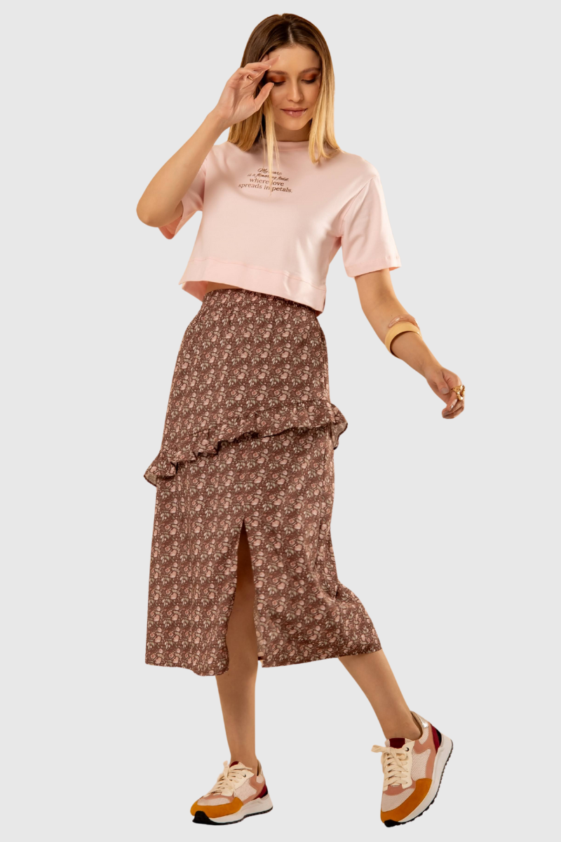 Saia Feminina Estampada Floral Marrom