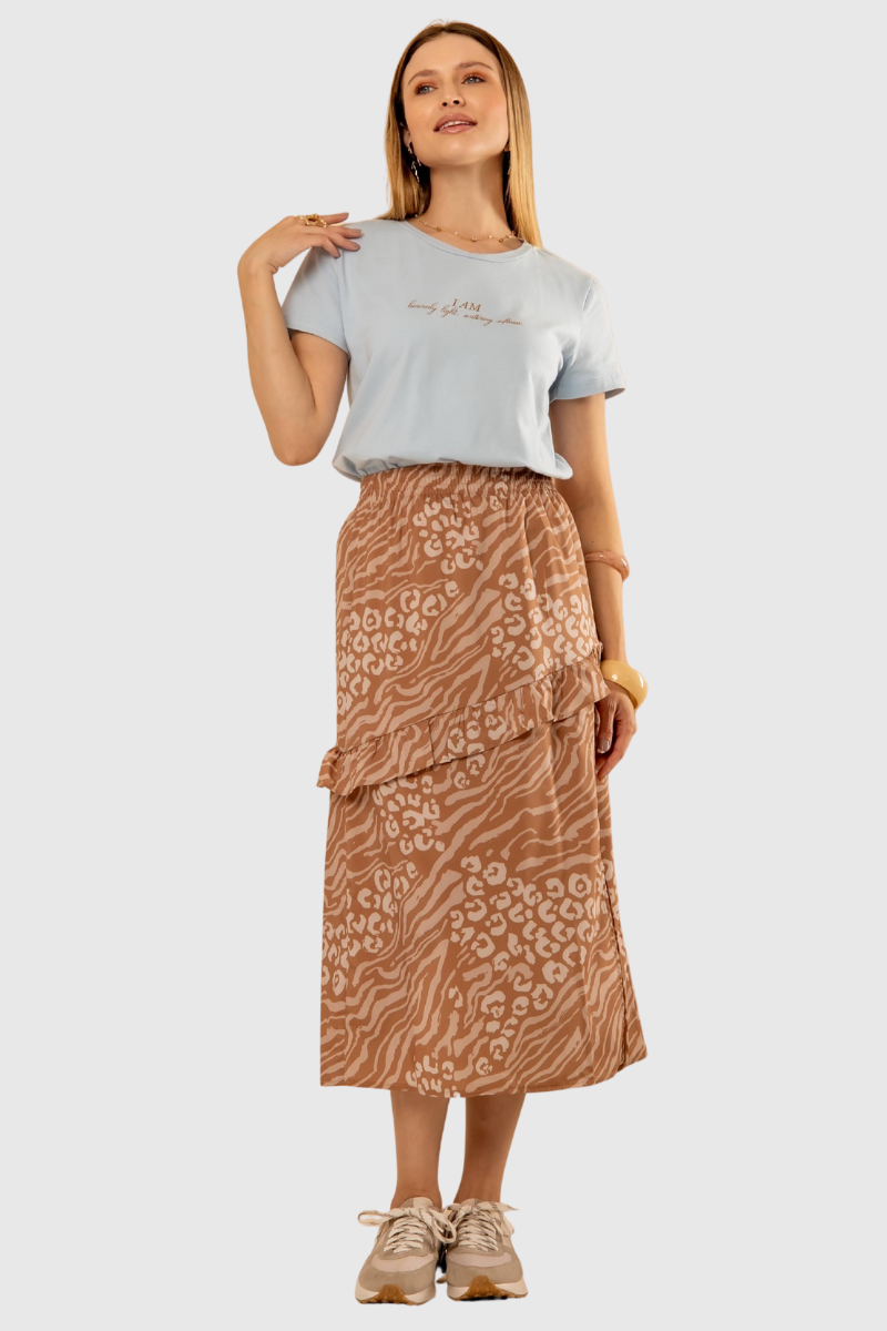 Saia Feminina Estampada Animal Print Marrom