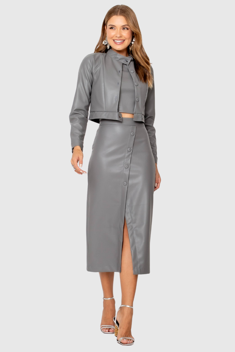 Saia Feminina Midi Couro PU Cinza
