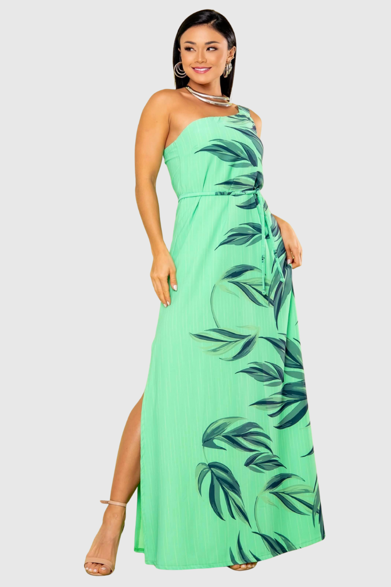07 vestido feminino assimetrico estampado verde