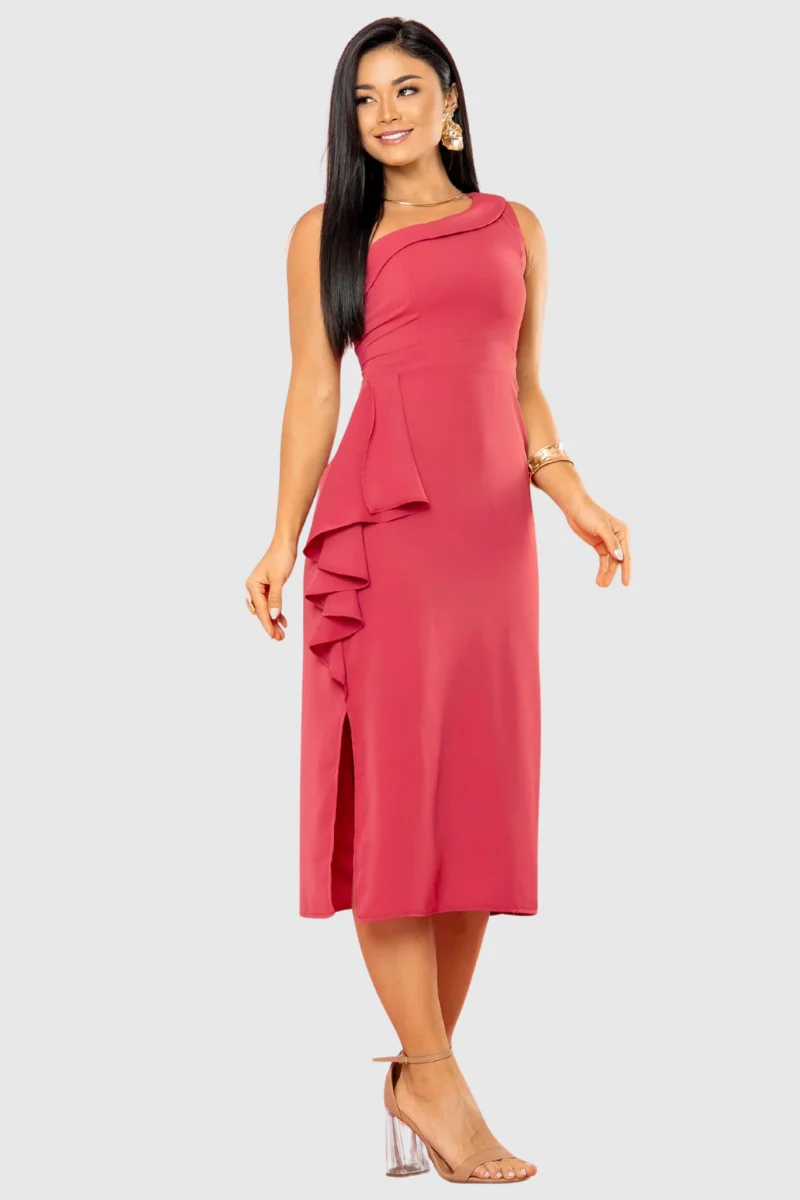 Vestido Feminino com Babado Lateral Bordô
