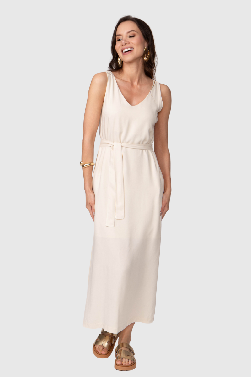 Vestido Feminino Longuete com Cinto Nude