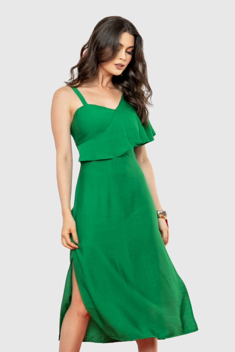 Vestido Feminino Midi com Babados Verde