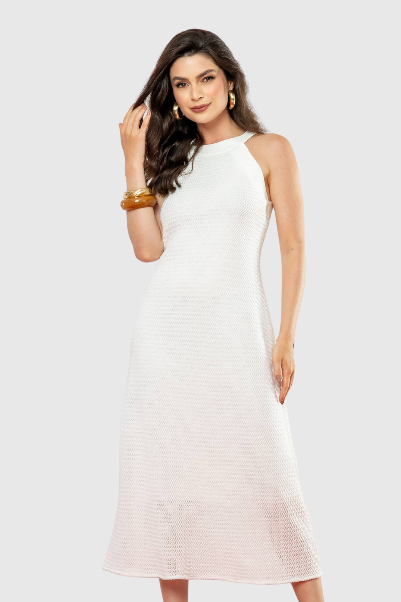 Vestido Feminino Midi Croch&ecirc; Off-White