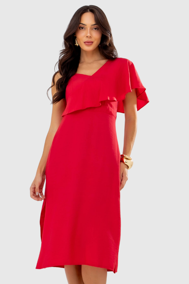 Vestido Feminino Midi com Babados Vermelho