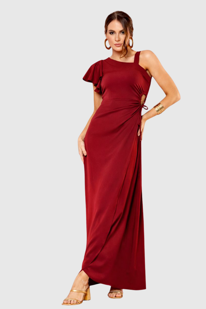 Vestido Feminino Longo Assim&eacute;trico Bord&ocirc;