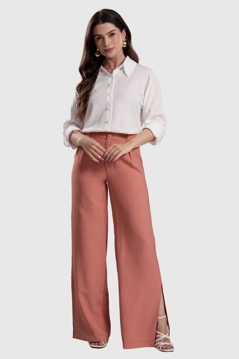Calça Feminina de Alfaiataria Wide Leg Caqui