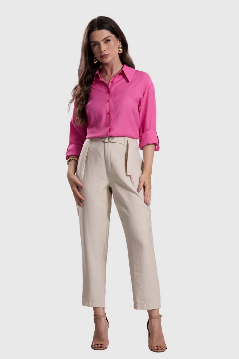 Calça Feminina Reta com Pregas Bege