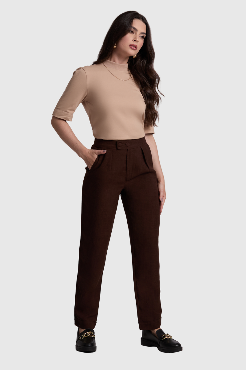 Cal&ccedil;a Feminina Reta de Linho Marrom