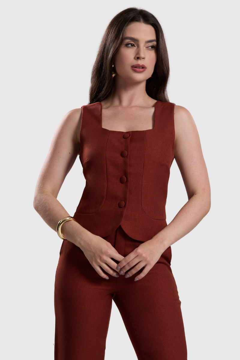 01 colete feminino alfaiataria marrom